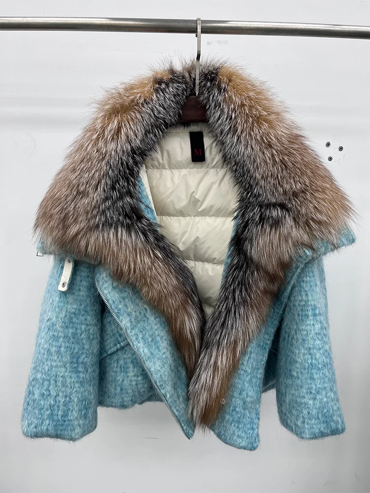 2025 Fashion Women Winter Warm Goose Down Jacket Wool Woolen Jackets Real Fox Fur Collar Thick Female Outwear Coat Puffer Jacket