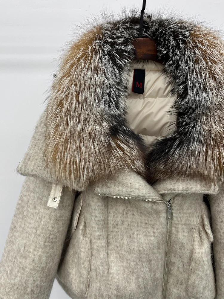 2025 Fashion Women Winter Warm Goose Down Jacket Wool Woolen Jackets Real Fox Fur Collar Thick Female Outwear Coat Puffer Jacket