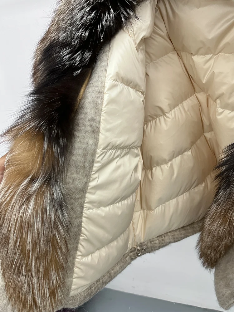2025 Fashion Women Winter Warm Goose Down Jacket Wool Woolen Jackets Real Fox Fur Collar Thick Female Outwear Coat Puffer Jacket
