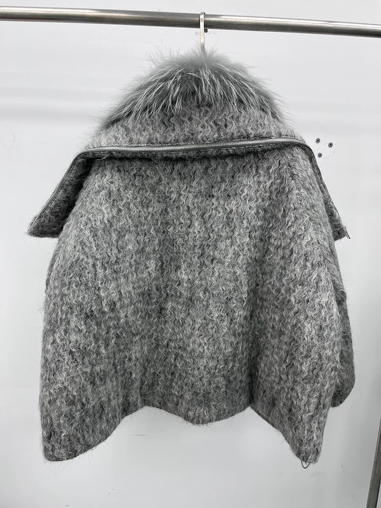 2025 Fashion Women Winter Warm Goose Down Jacket Wool Woolen Jackets Real Fox Fur Collar Thick Female Outwear Coat Puffer Jacket
