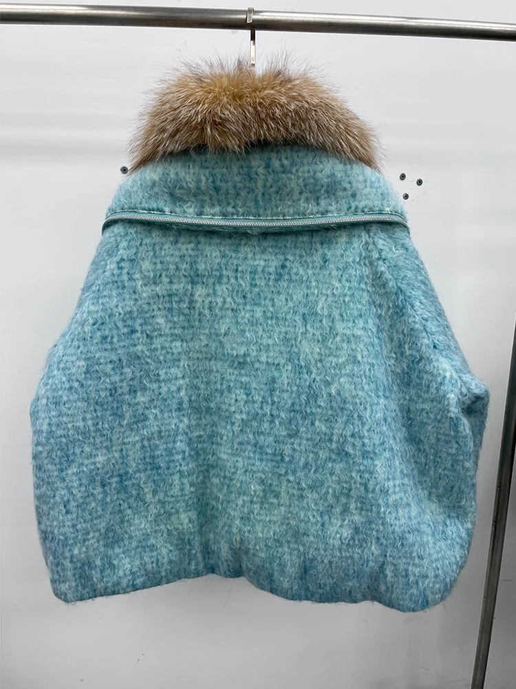 2025 Fashion Women Winter Warm Goose Down Jacket Wool Woolen Jackets Real Fox Fur Collar Thick Female Outwear Coat Puffer Jacket