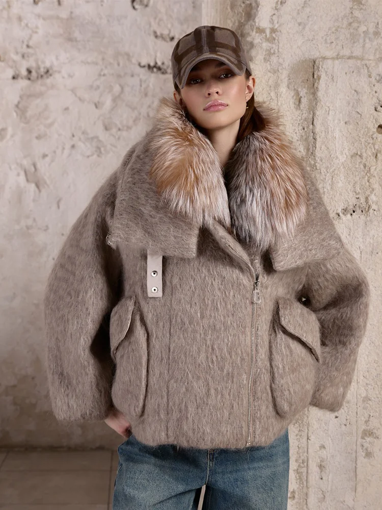 2025 Fashion Women Winter Warm Goose Down Jacket Wool Woolen Jackets Real Fox Fur Collar Thick Female Outwear Coat Puffer Jacket