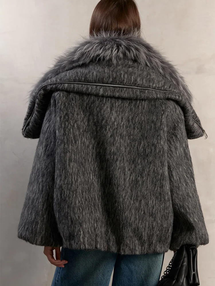 2025 Fashion Women Winter Warm Goose Down Jacket Wool Woolen Jackets Real Fox Fur Collar Thick Female Outwear Coat Puffer Jacket