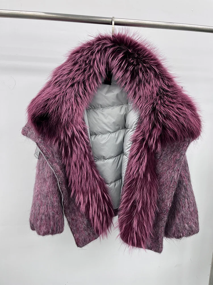 2025 Fashion Women Winter Warm Goose Down Jacket Wool Woolen Jackets Real Fox Fur Collar Thick Female Outwear Coat Puffer Jacket