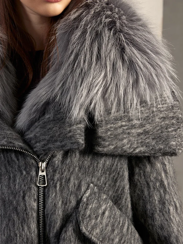 2025 Fashion Women Winter Warm Goose Down Jacket Wool Woolen Jackets Real Fox Fur Collar Thick Female Outwear Coat Puffer Jacket