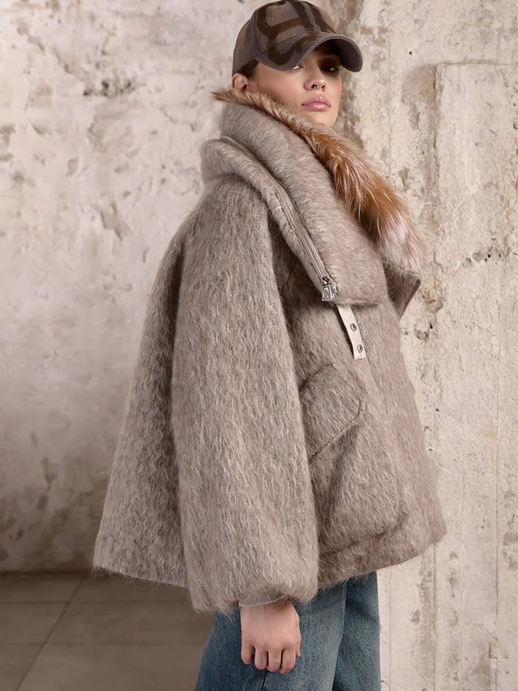 2025 Fashion Women Winter Warm Goose Down Jacket Wool Woolen Jackets Real Fox Fur Collar Thick Female Outwear Coat Puffer Jacket