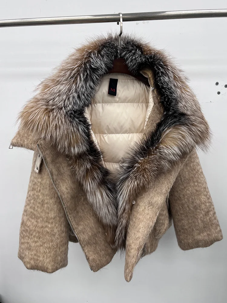 2025 Fashion Women Winter Warm Goose Down Jacket Wool Woolen Jackets Real Fox Fur Collar Thick Female Outwear Coat Puffer Jacket