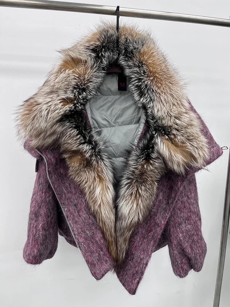 2025 Fashion Women Winter Warm Goose Down Jacket Wool Woolen Jackets Real Fox Fur Collar Thick Female Outwear Coat Puffer Jacket