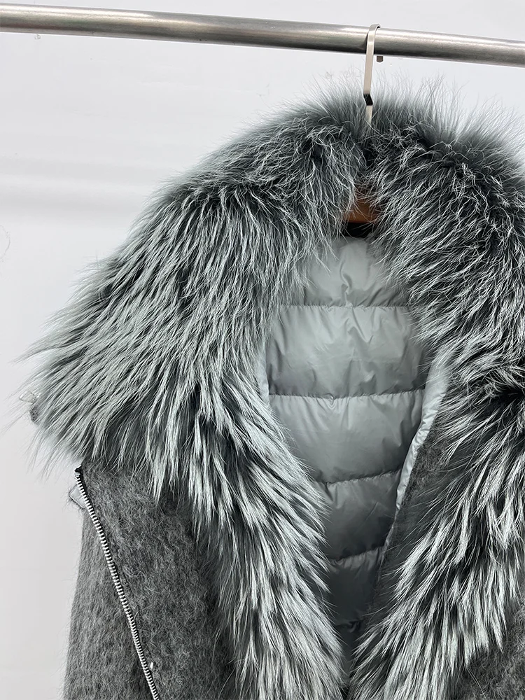 2025 Fashion Women Winter Warm Goose Down Jacket Wool Woolen Jackets Real Fox Fur Collar Thick Female Outwear Coat Puffer Jacket