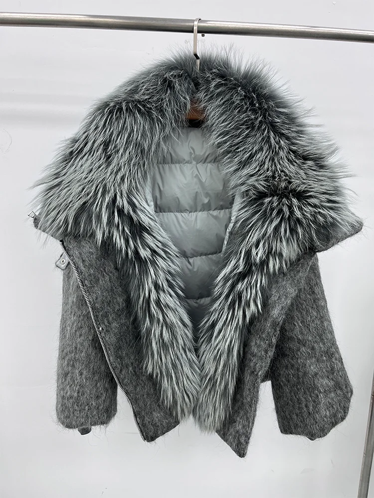 2025 Fashion Women Winter Warm Goose Down Jacket Wool Woolen Jackets Real Fox Fur Collar Thick Female Outwear Coat Puffer Jacket