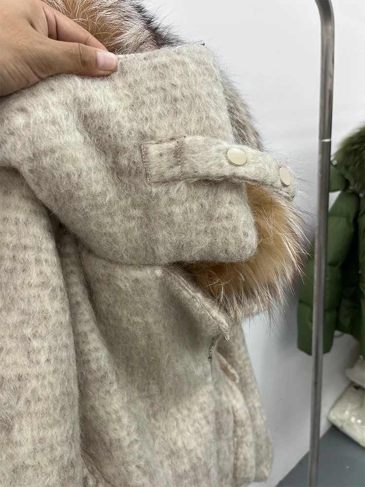 2025 Fashion Women Winter Warm Goose Down Jacket Wool Woolen Jackets Real Fox Fur Collar Thick Female Outwear Coat Puffer Jacket