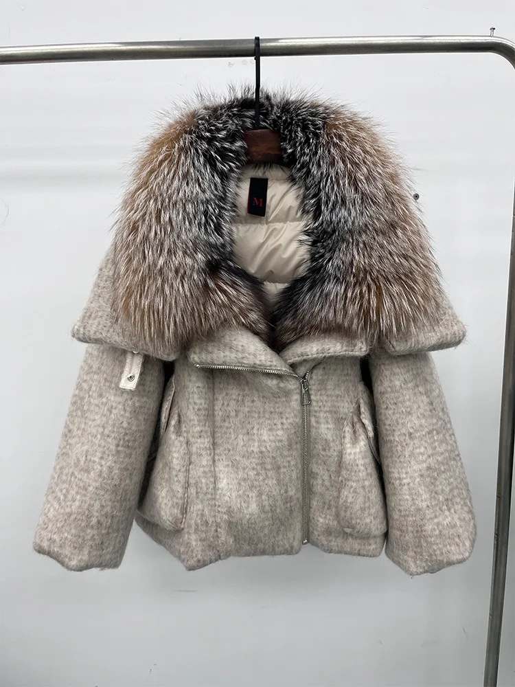 2025 Fashion Women Winter Warm Goose Down Jacket Wool Woolen Jackets Real Fox Fur Collar Thick Female Outwear Coat Puffer Jacket