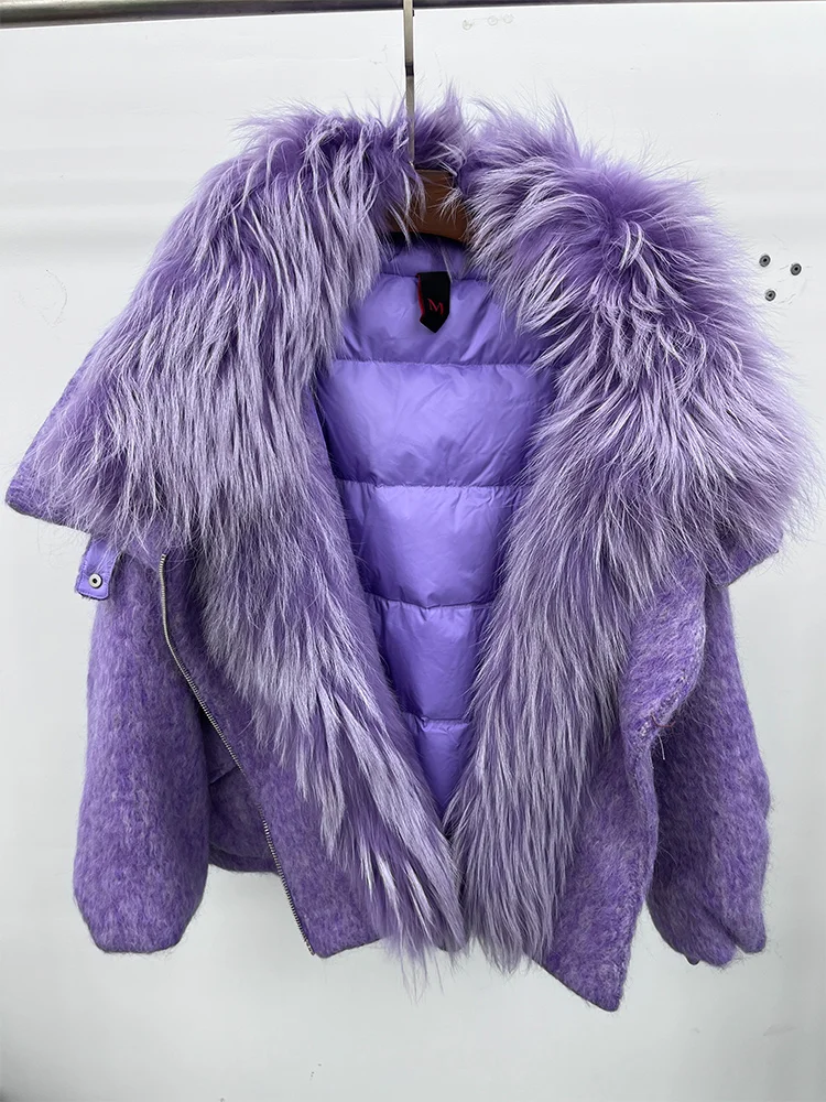 2025 Fashion Women Winter Warm Goose Down Jacket Wool Woolen Jackets Real Fox Fur Collar Thick Female Outwear Coat Puffer Jacket