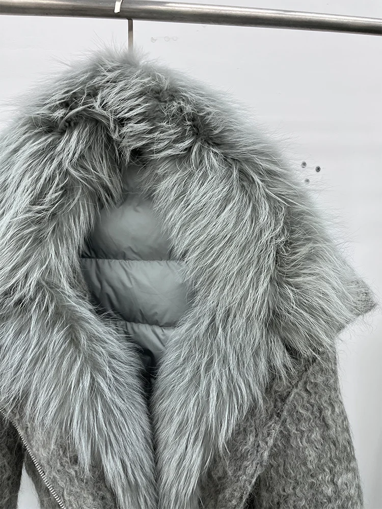 2025 Fashion Women Winter Warm Goose Down Jacket Wool Woolen Jackets Real Fox Fur Collar Thick Female Outwear Coat Puffer Jacket