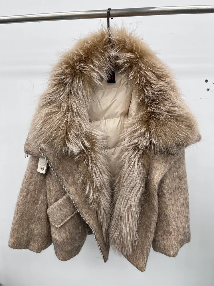 2025 Fashion Women Winter Warm Goose Down Jacket Wool Woolen Jackets Real Fox Fur Collar Thick Female Outwear Coat Puffer Jacket