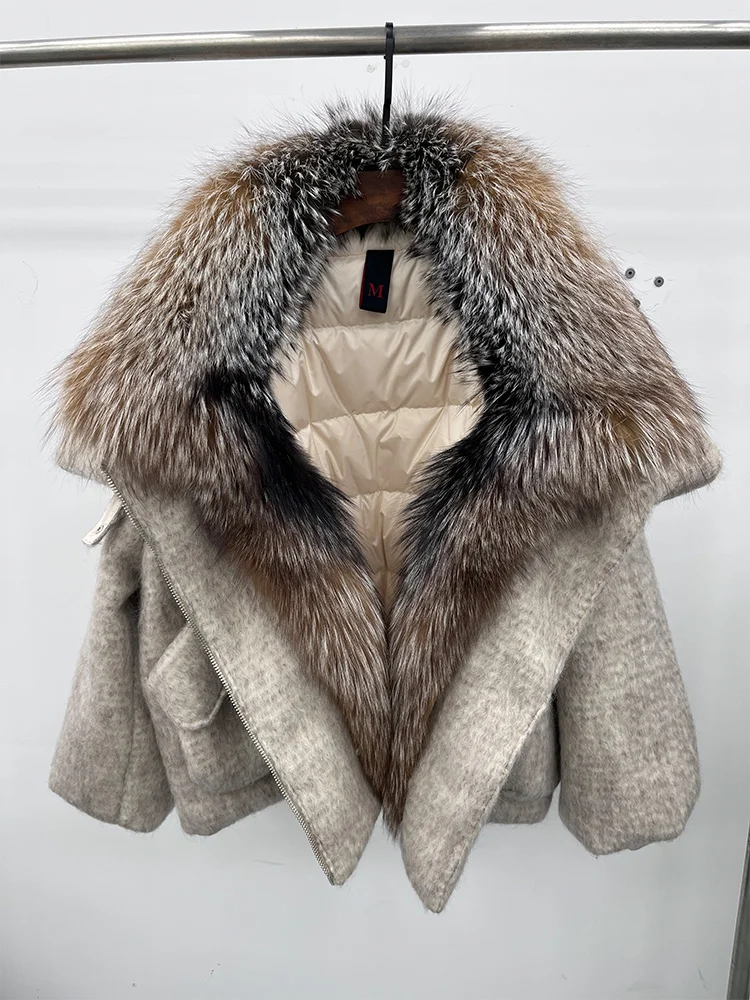 2025 Fashion Women Winter Warm Goose Down Jacket Wool Woolen Jackets Real Fox Fur Collar Thick Female Outwear Coat Puffer Jacket