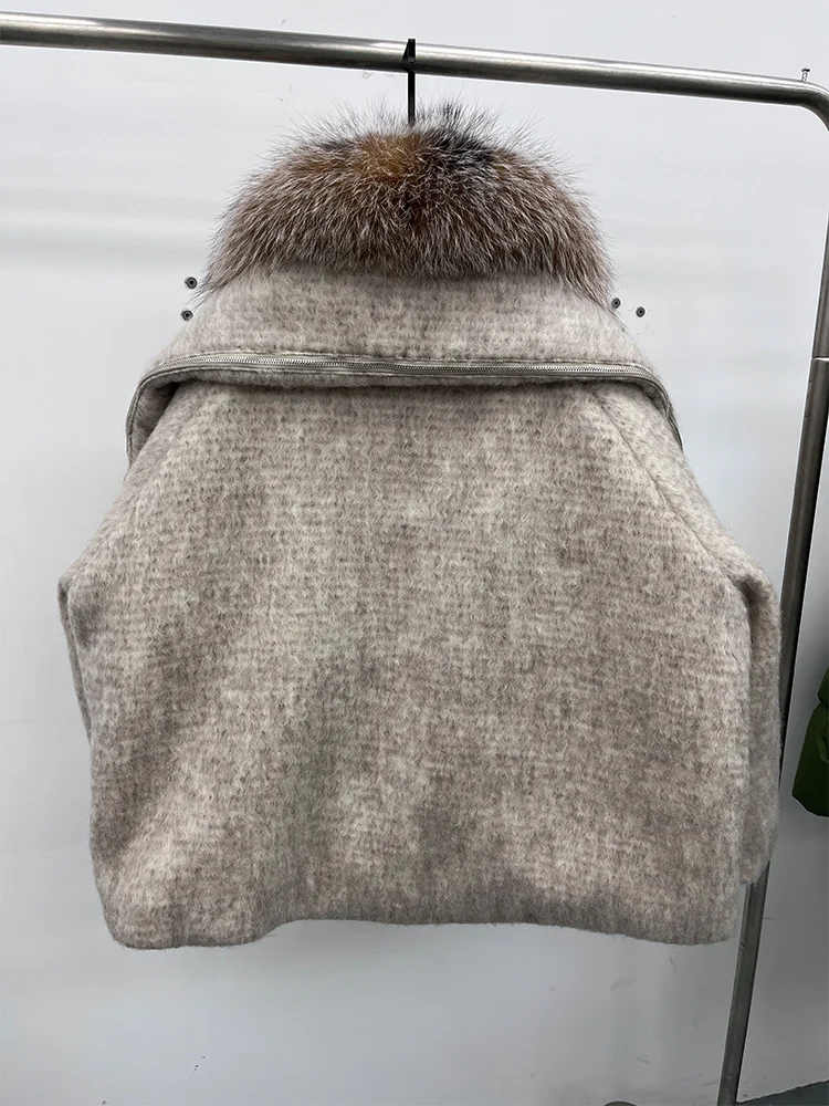 2025 Fashion Women Winter Warm Goose Down Jacket Wool Woolen Jackets Real Fox Fur Collar Thick Female Outwear Coat Puffer Jacket