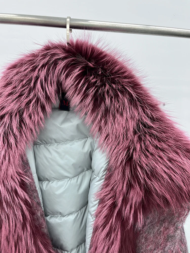 2025 Fashion Women Winter Warm Goose Down Jacket Wool Woolen Jackets Real Fox Fur Collar Thick Female Outwear Coat Puffer Jacket