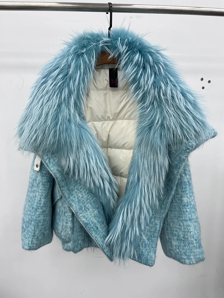 2025 Fashion Women Winter Warm Goose Down Jacket Wool Woolen Jackets Real Fox Fur Collar Thick Female Outwear Coat Puffer Jacket