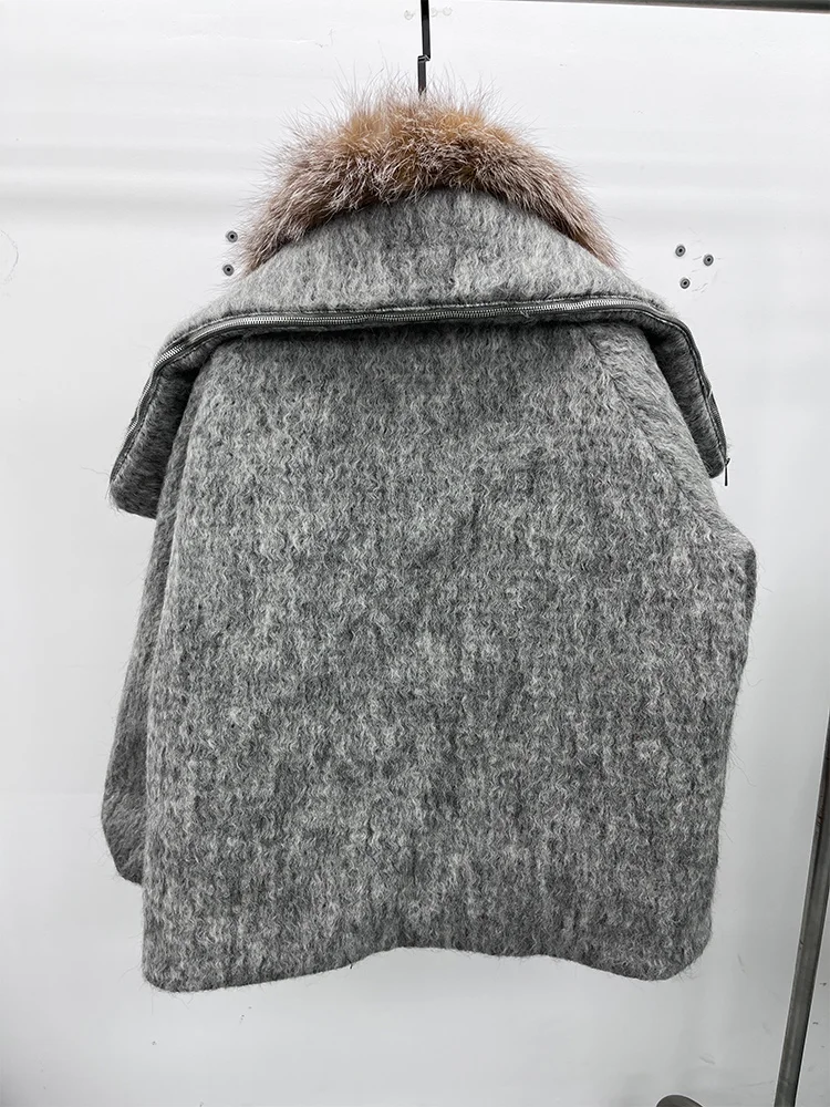 2025 Fashion Women Winter Warm Goose Down Jacket Wool Woolen Jackets Real Fox Fur Collar Thick Female Outwear Coat Puffer Jacket