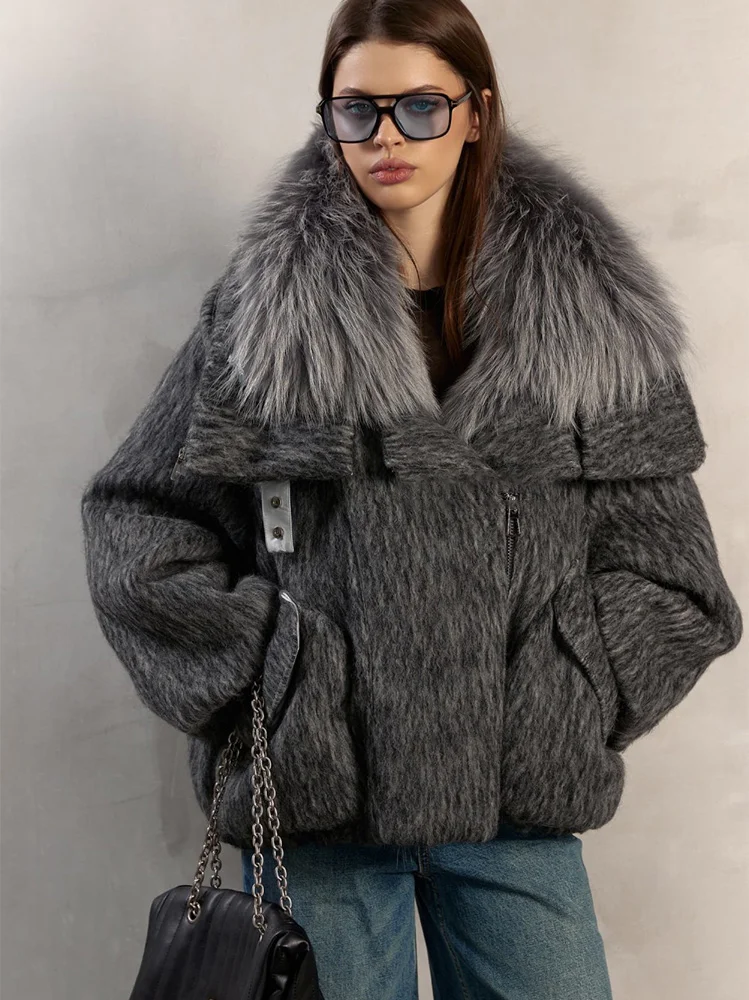 2025 Fashion Women Winter Warm Goose Down Jacket Wool Woolen Jackets Real Fox Fur Collar Thick Female Outwear Coat Puffer Jacket