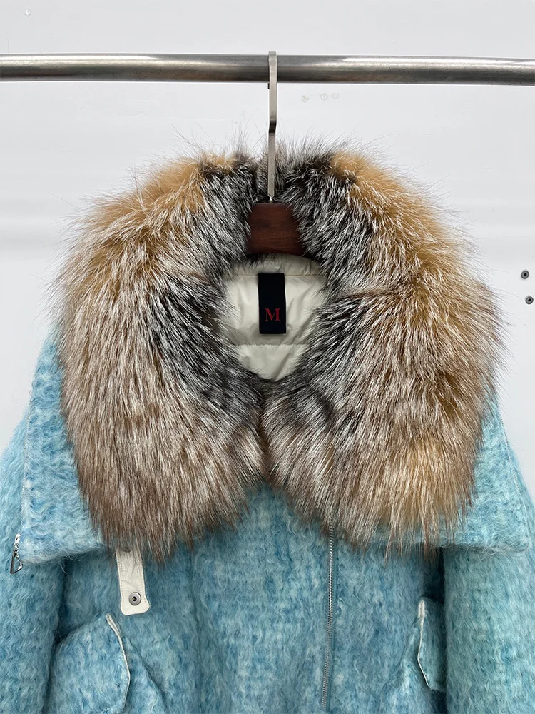 2025 Fashion Women Winter Warm Goose Down Jacket Wool Woolen Jackets Real Fox Fur Collar Thick Female Outwear Coat Puffer Jacket