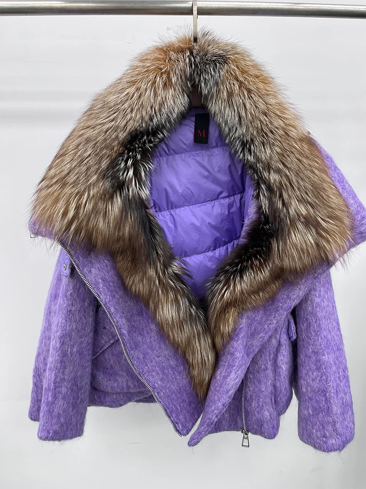 2025 Fashion Women Winter Warm Goose Down Jacket Wool Woolen Jackets Real Fox Fur Collar Thick Female Outwear Coat Puffer Jacket