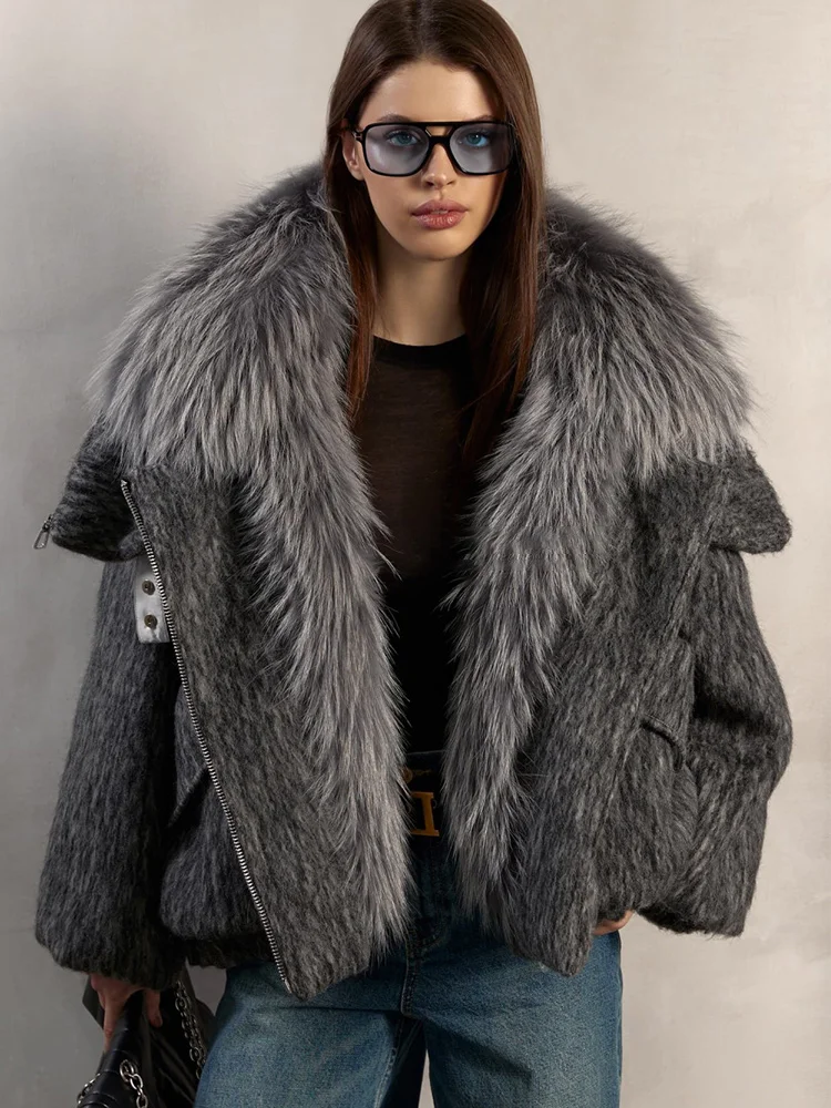 2025 Fashion Women Winter Warm Goose Down Jacket Wool Woolen Jackets Real Fox Fur Collar Thick Female Outwear Coat Puffer Jacket
