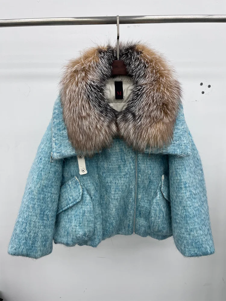 2025 Fashion Women Winter Warm Goose Down Jacket Wool Woolen Jackets Real Fox Fur Collar Thick Female Outwear Coat Puffer Jacket