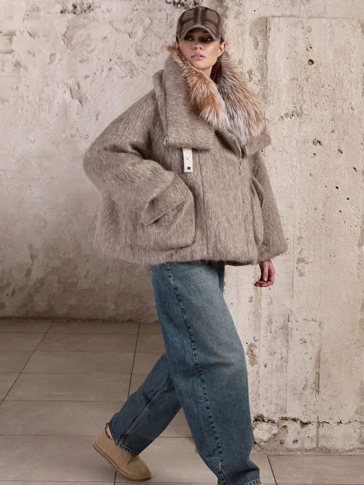 2025 Fashion Women Winter Warm Goose Down Jacket Wool Woolen Jackets Real Fox Fur Collar Thick Female Outwear Coat Puffer Jacket