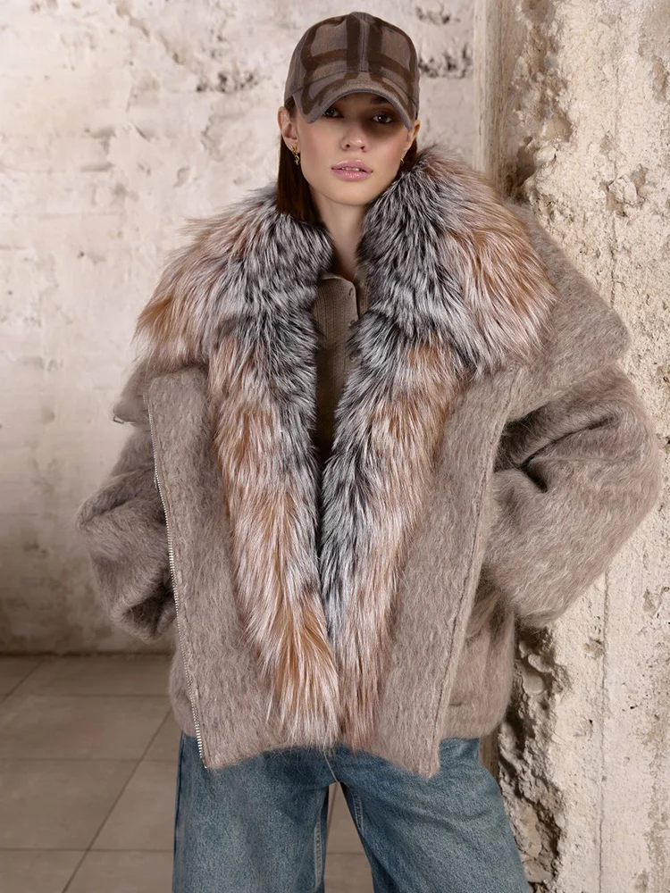 2025 Fashion Women Winter Warm Goose Down Jacket Wool Woolen Jackets Real Fox Fur Collar Thick Female Outwear Coat Puffer Jacket