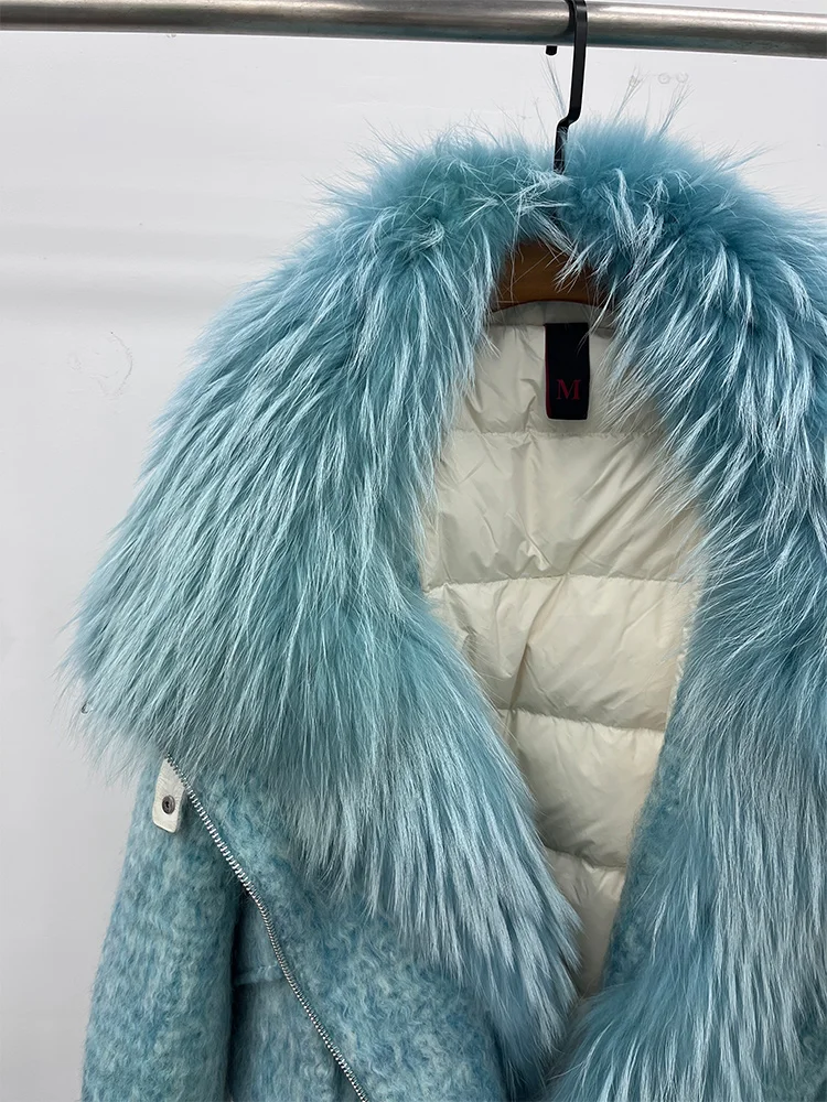 2025 Fashion Women Winter Warm Goose Down Jacket Wool Woolen Jackets Real Fox Fur Collar Thick Female Outwear Coat Puffer Jacket