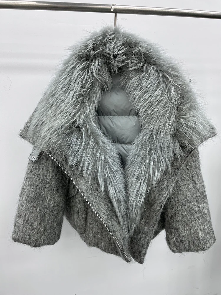 2025 Fashion Women Winter Warm Goose Down Jacket Wool Woolen Jackets Real Fox Fur Collar Thick Female Outwear Coat Puffer Jacket