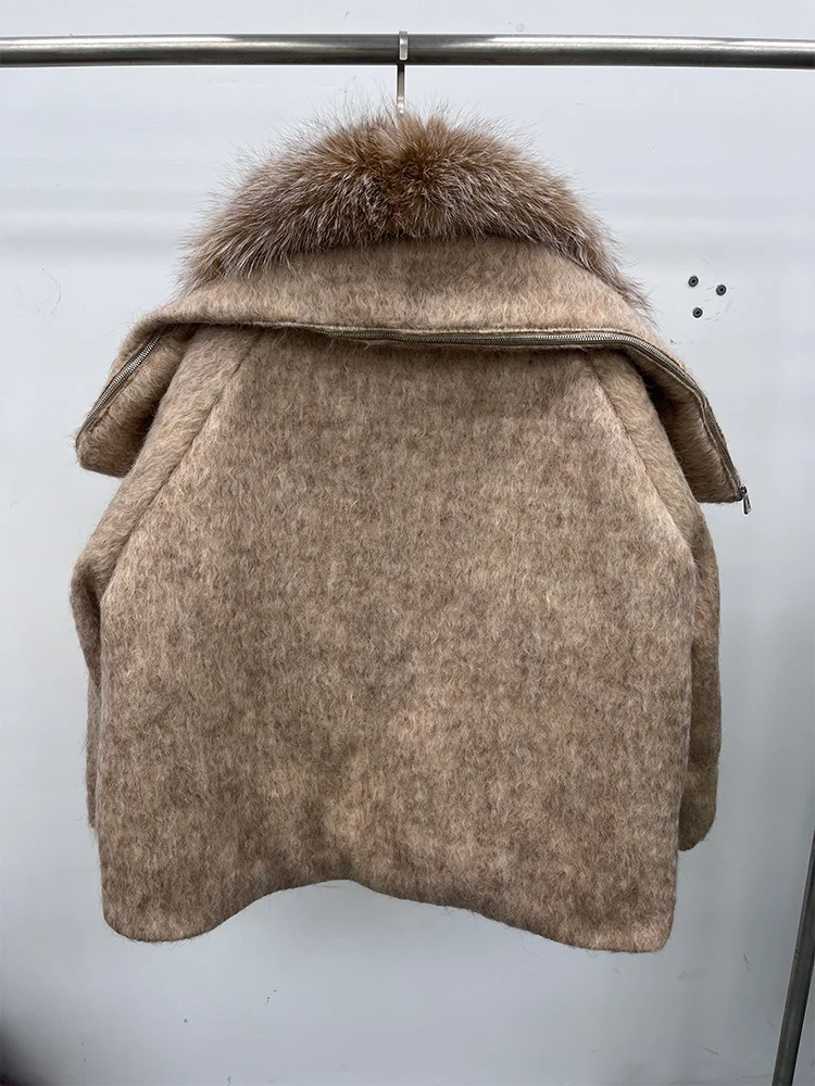 2025 Fashion Women Winter Warm Goose Down Jacket Wool Woolen Jackets Real Fox Fur Collar Thick Female Outwear Coat Puffer Jacket