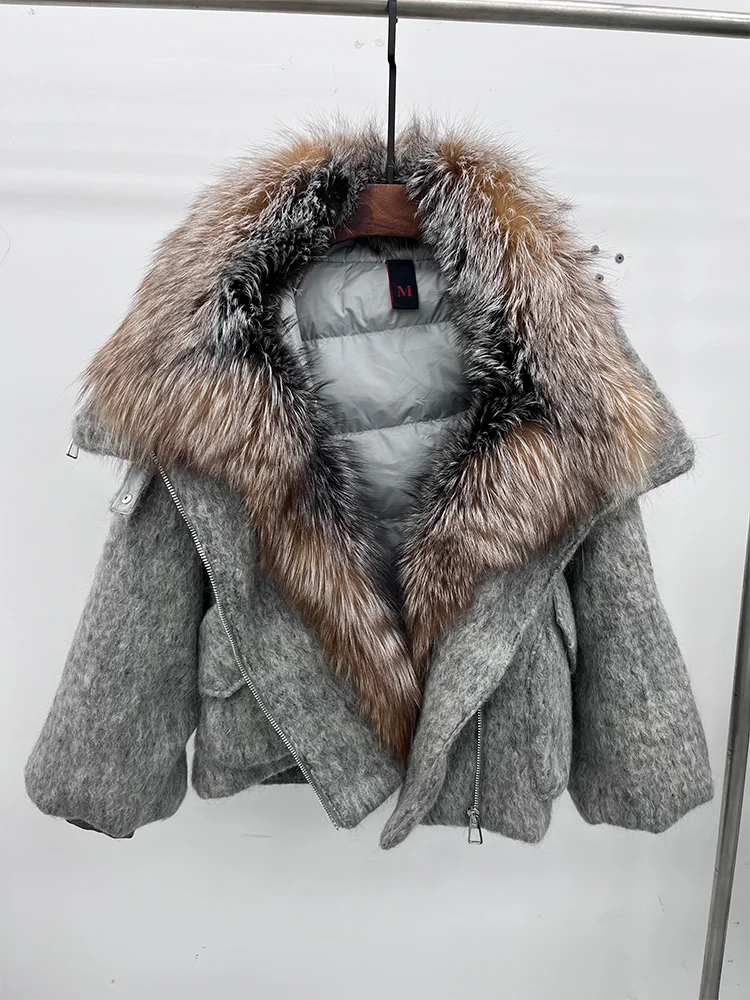 2025 Fashion Women Winter Warm Goose Down Jacket Wool Woolen Jackets Real Fox Fur Collar Thick Female Outwear Coat Puffer Jacket