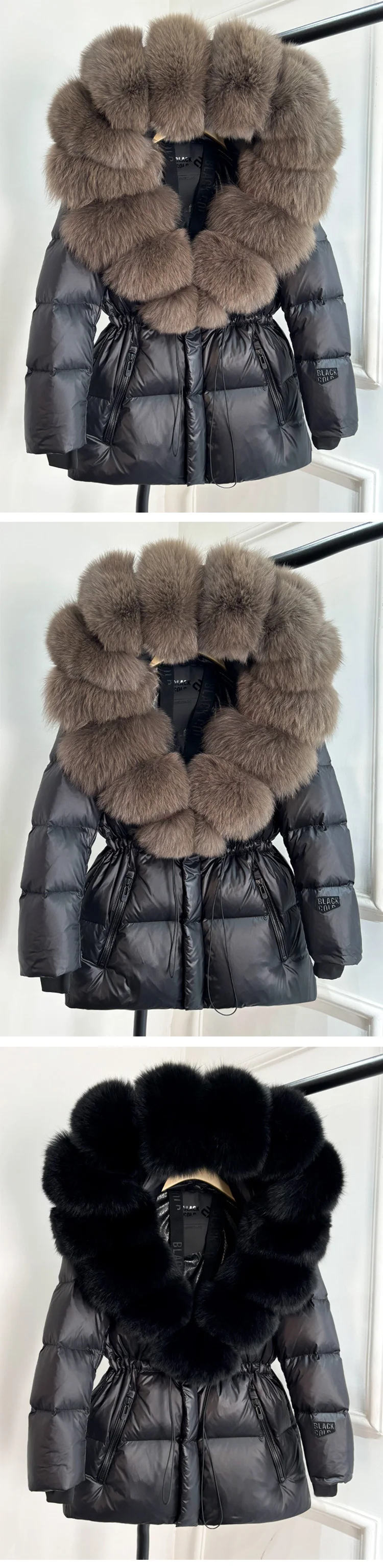 2025 New Winter Glossy Waterproof Puffer Coat Women Real Fox Fur Hooded Belted Thick Warm 90% White Goose Down Mid Long Jacket