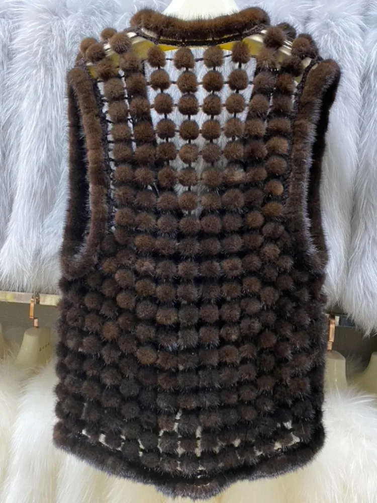 Ms.MinShu Autumn Waistcoat Natural Mink Fur Balls Gilet Sleeveless Hand Made Real Mink Fur Vest