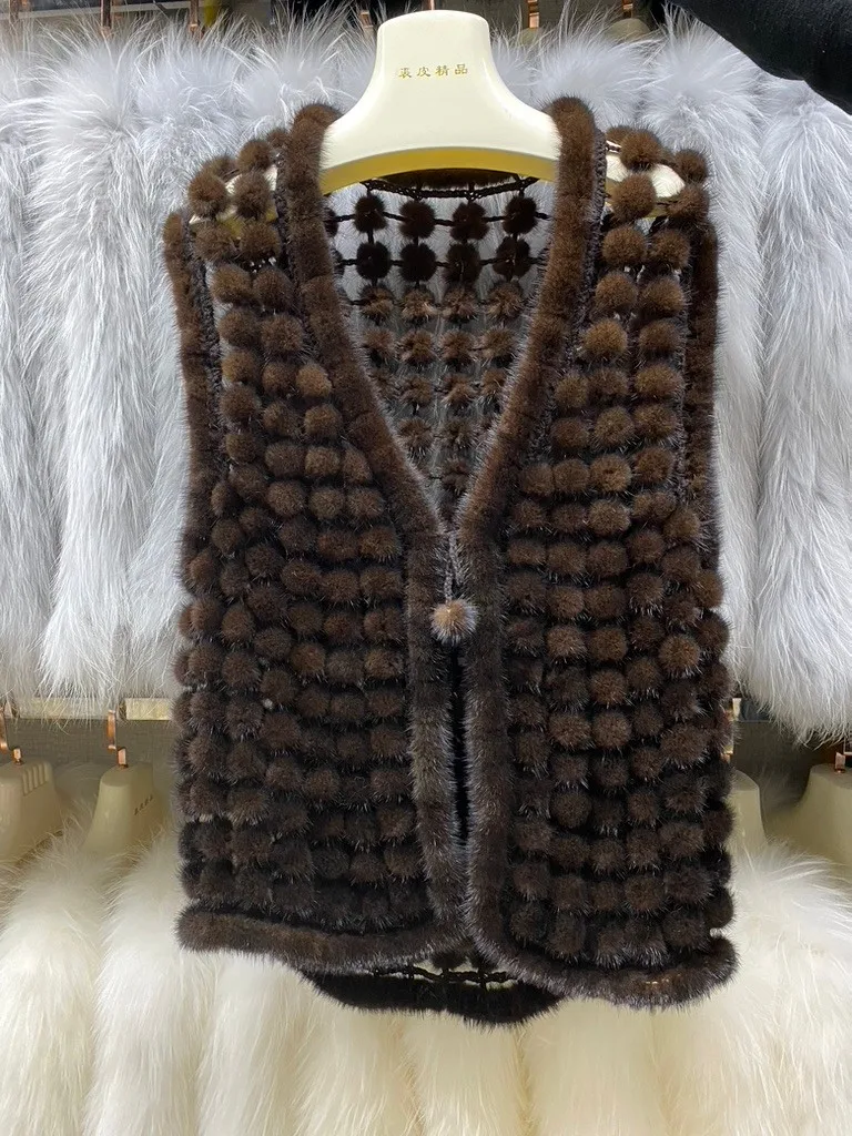 Ms.MinShu Autumn Waistcoat Natural Mink Fur Balls Gilet Sleeveless Hand Made Real Mink Fur Vest
