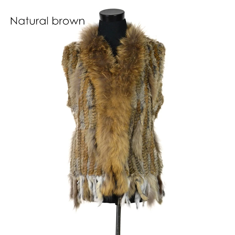 VR001-17 Womens Natural Real Rabbit Fur Vest With Raccoon Fur Collar Waistcoat/jackets Rex Rabbit Knitted