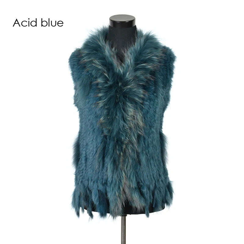 VR001-17 Womens Natural Real Rabbit Fur Vest With Raccoon Fur Collar Waistcoat/jackets Rex Rabbit Knitted