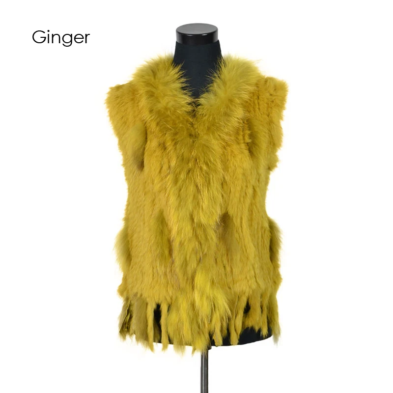 VR001-17 Womens Natural Real Rabbit Fur Vest With Raccoon Fur Collar Waistcoat/jackets Rex Rabbit Knitted