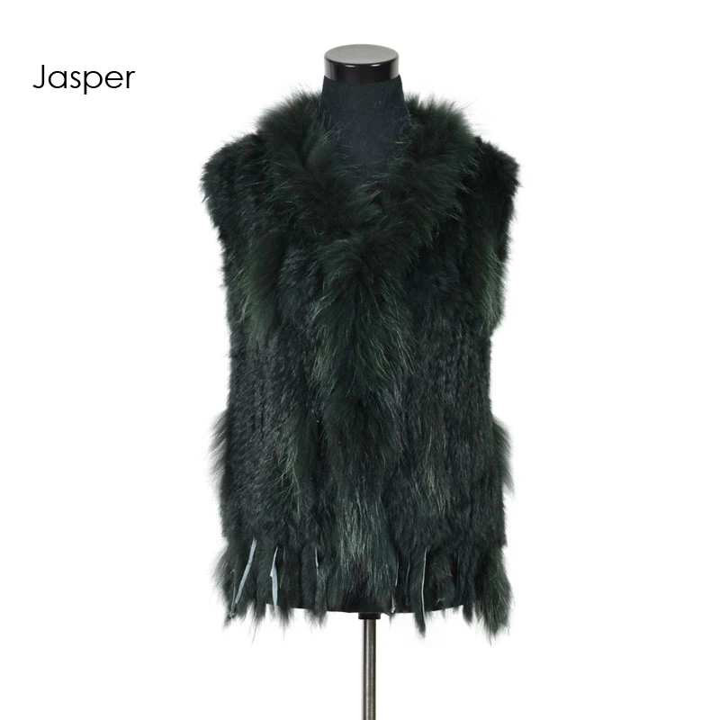 VR001-17 Womens Natural Real Rabbit Fur Vest With Raccoon Fur Collar Waistcoat/jackets Rex Rabbit Knitted