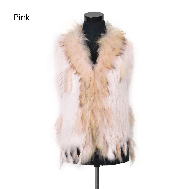 VR001-17 Womens Natural Real Rabbit Fur Vest With Raccoon Fur Collar Waistcoat/jackets Rex Rabbit Knitted