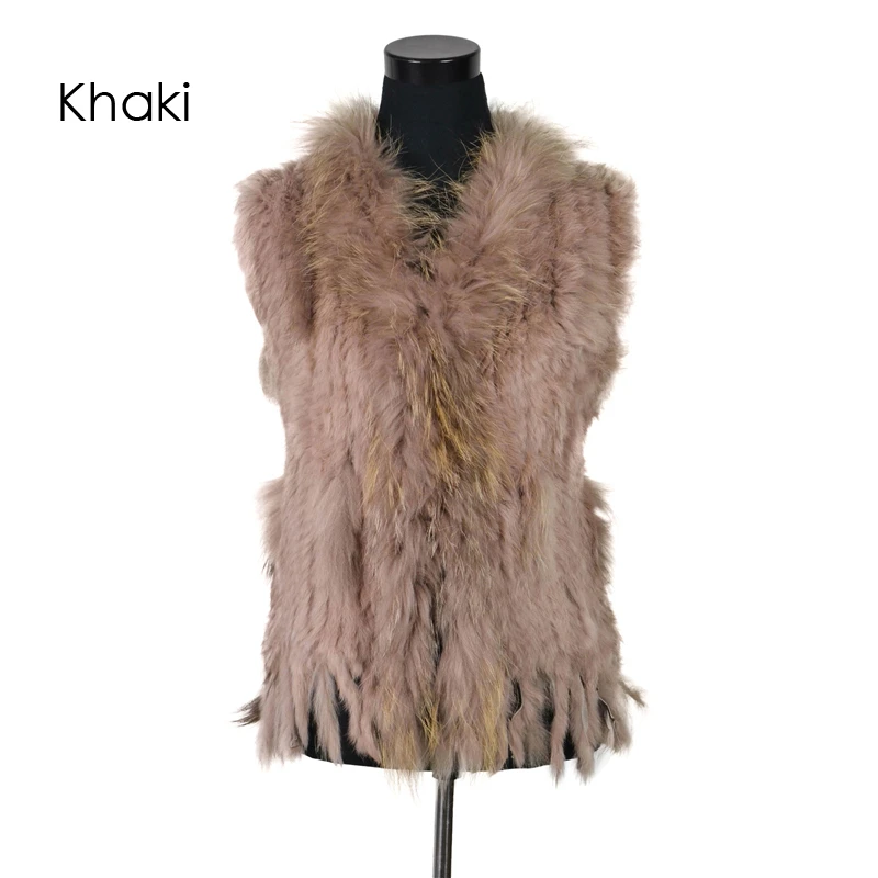 VR001-17 Womens Natural Real Rabbit Fur Vest With Raccoon Fur Collar Waistcoat/jackets Rex Rabbit Knitted
