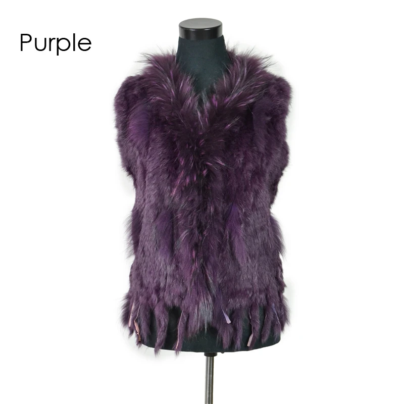 VR001-17 Womens Natural Real Rabbit Fur Vest With Raccoon Fur Collar Waistcoat/jackets Rex Rabbit Knitted