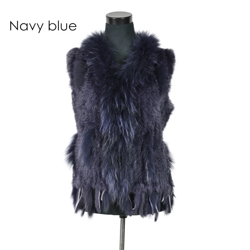 VR001-17 Womens Natural Real Rabbit Fur Vest With Raccoon Fur Collar Waistcoat/jackets Rex Rabbit Knitted