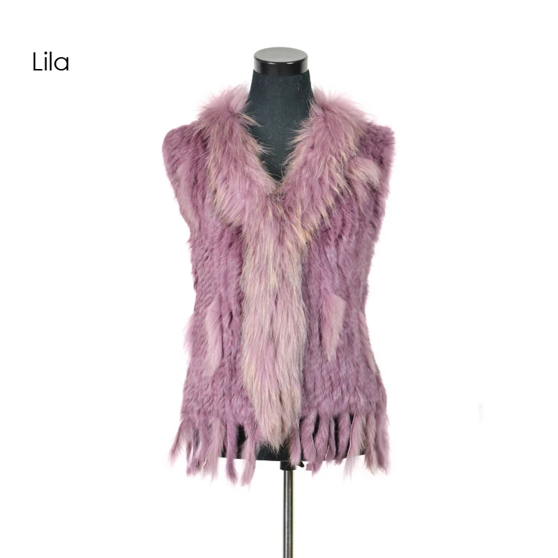 VR001-17 Womens Natural Real Rabbit Fur Vest With Raccoon Fur Collar Waistcoat/jackets Rex Rabbit Knitted