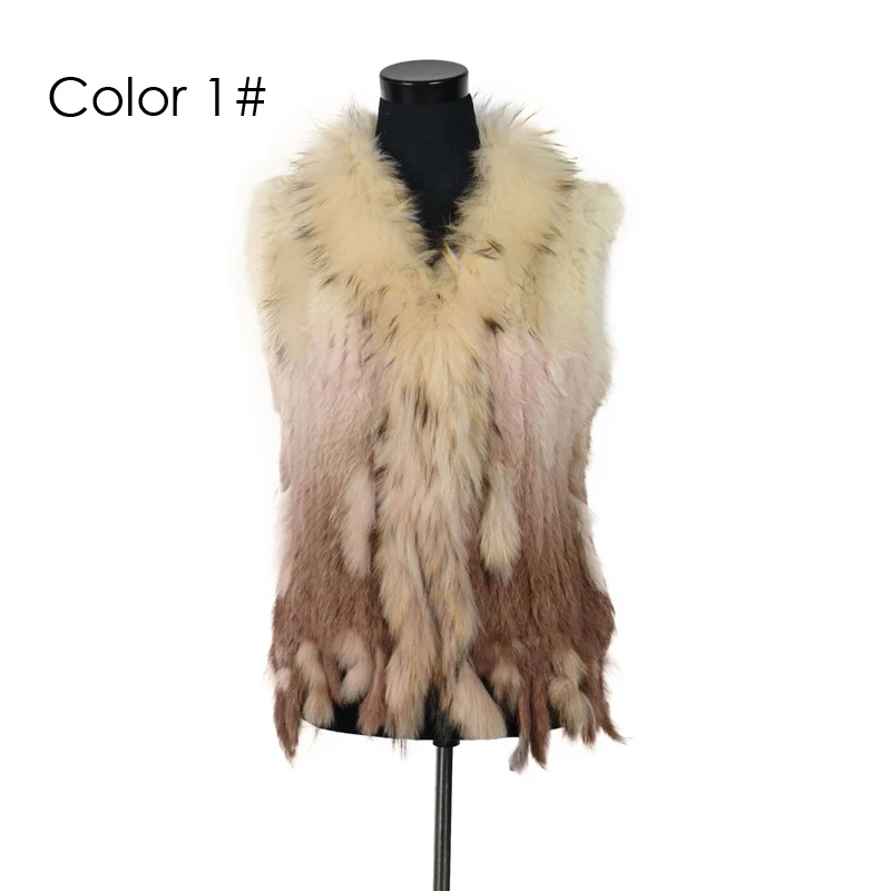 VR001-17 Womens Natural Real Rabbit Fur Vest With Raccoon Fur Collar Waistcoat/jackets Rex Rabbit Knitted
