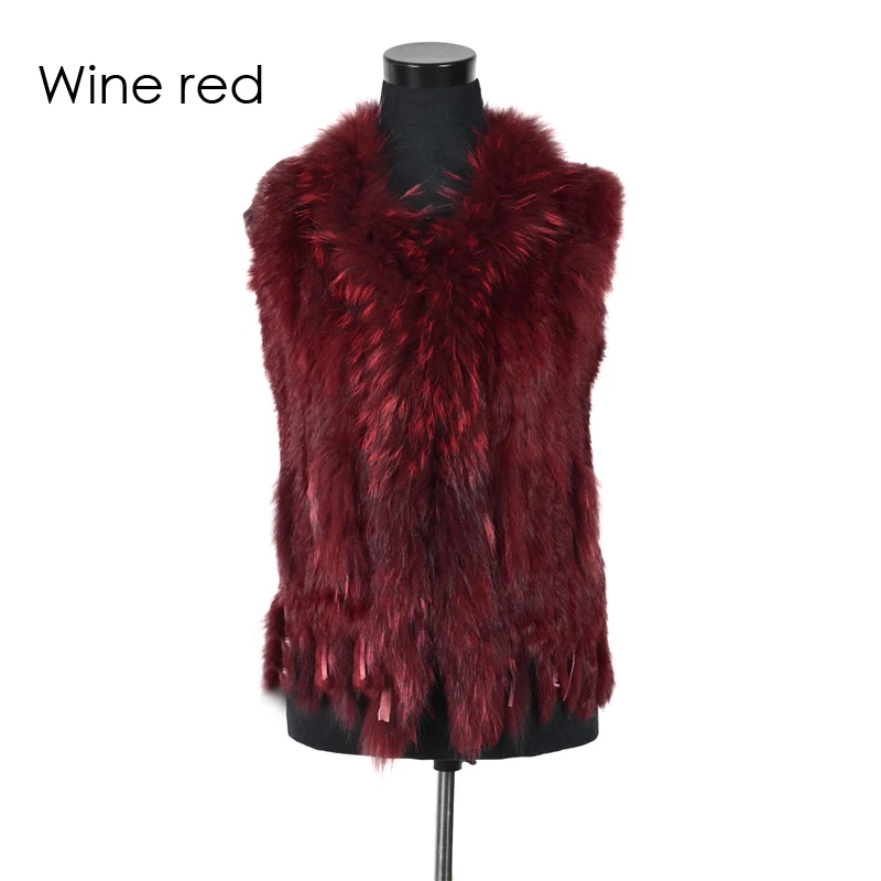 VR001-17 Womens Natural Real Rabbit Fur Vest With Raccoon Fur Collar Waistcoat/jackets Rex Rabbit Knitted