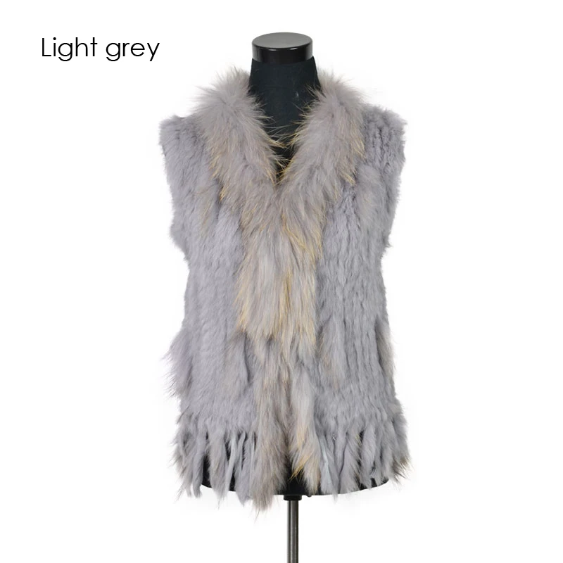 VR001-17 Womens Natural Real Rabbit Fur Vest With Raccoon Fur Collar Waistcoat/jackets Rex Rabbit Knitted